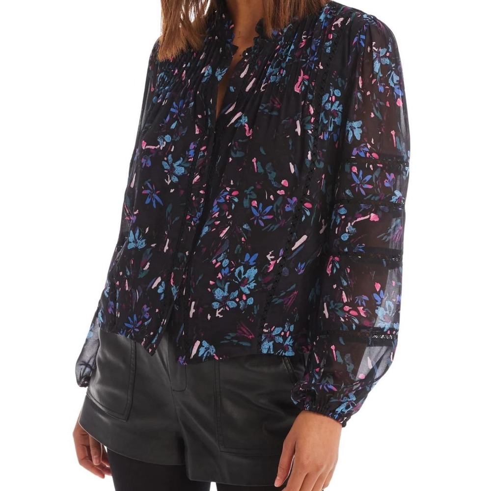Allison New York Erica Blouse Womens Small Black Floral Lace Trim Long Sleeve